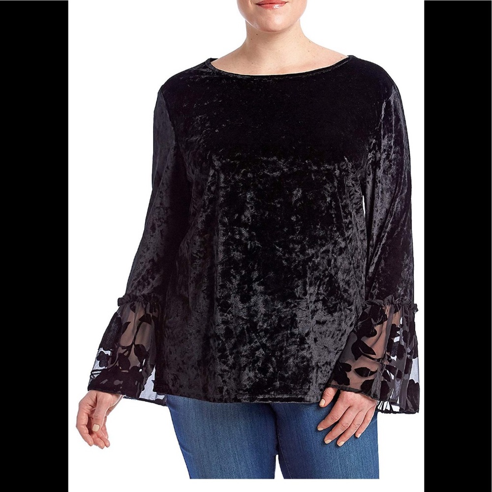 Adiva Velvet Top w/ Sheer Floral Bell Sleeve